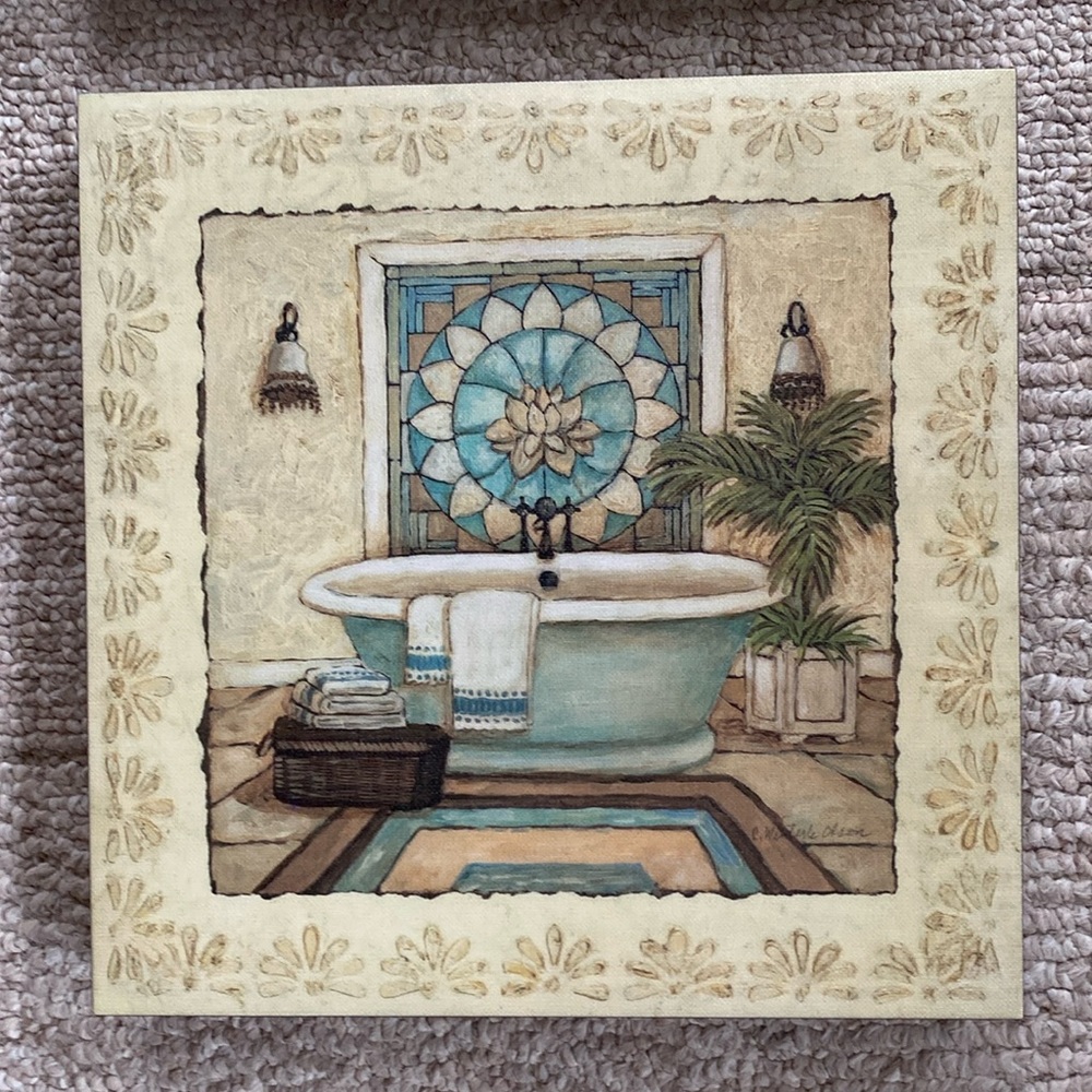 Cottagecore Prints on canvas for the bathroom.  Mounted on wood.Set of 2.